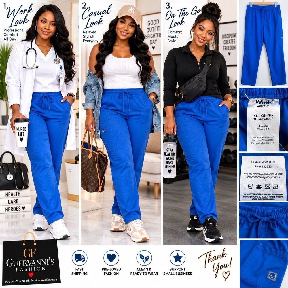 Wink WorkFlex Pants Womens XL Blue Unisex Classic Fit Drawstring Cargo WorkWear